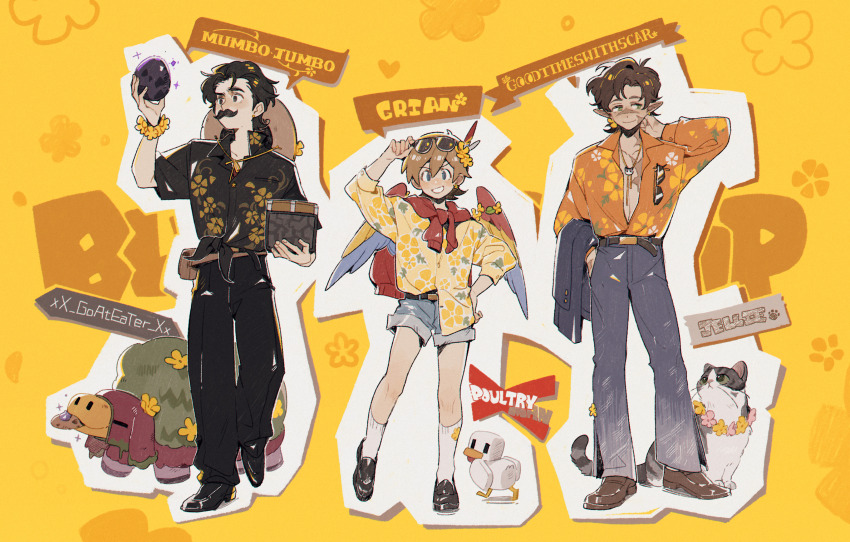 3boys adapted_costume alternate_costume animal bird bishounen black_hair brown_hair cat character_name chicken chicken_(minecraft) commentary cookie dragon_egg_(minecraft) egg english_commentary eyewear_on_head facial_hair flower food full_body goodtimeswithscar goodtimeswithscar_(buttercups) grian_(buttercups)_(hermitcraft) grian_(youtuber) hermitcraft highres holding jellie_(hermitcraft) luminous_slime male_focus minecraft minecraft_youtube multiple_boys mumbo_jumbo_(youtuber) mustache piston scar shoes short_hair sniffer_(minecraft) standing sunglasses sweater unworn_sweater yellow_background
