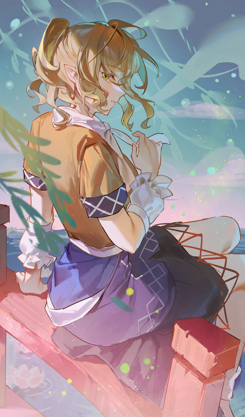 1girl absurdres back blonde_hair blurry blurry_foreground breasts bridge brown_shirt commentary ender_xiaohai eyebrows_hidden_by_hair flower frilled_arm_warmers green_eyes half_updo hand_up highres layered_skirt leaf light_particles looking_at_viewer looking_back lotus medium_breasts mizuhashi_parsee parted_lips pointy_ears profile scarf shirt shoes short_hair short_sleeves sideways_glance sitting skirt solo touhou water white_arm_warmers white_scarf wooden_bridge