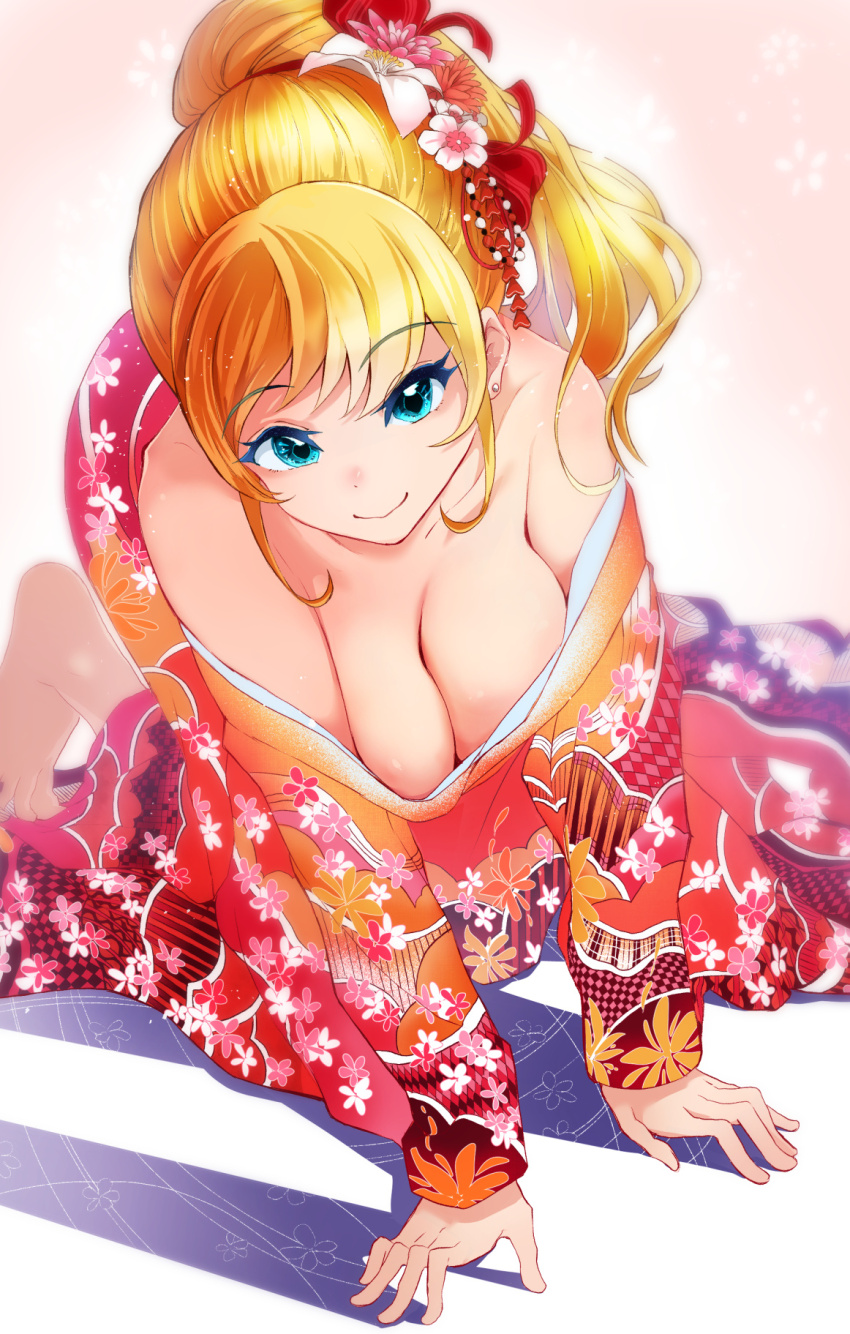1girl all_fours barefoot blonde_hair blue_eyes breasts cleavage commentary commentary_request english_commentary flower hair_flower hair_ornament hair_ribbon highres japanese_clothes kimono large_breasts loose_clothes mixed-language_commentary off_shoulder original ponytail red_kimono ribbon smile solo toiro_gawon