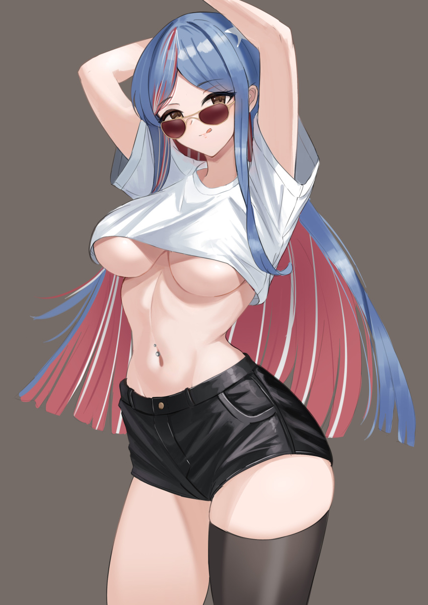 1girl :q absurdres arms_up black_shorts black_thighhighs blue_hair blunt_ends breasts brown_eyes commentary cropped_shirt dimos_(dawn_1945) highres kantai_collection large_breasts long_hair looking_at_viewer looking_over_eyewear multicolored_hair navel red_hair revision shirt short_shorts short_sleeves shorts simple_background single_thighhigh solo south_dakota_(kancolle) star_(symbol) sunglasses thighhighs tinted_eyewear tongue tongue_out twitter_username underboob very_long_hair white_hair white_shirt