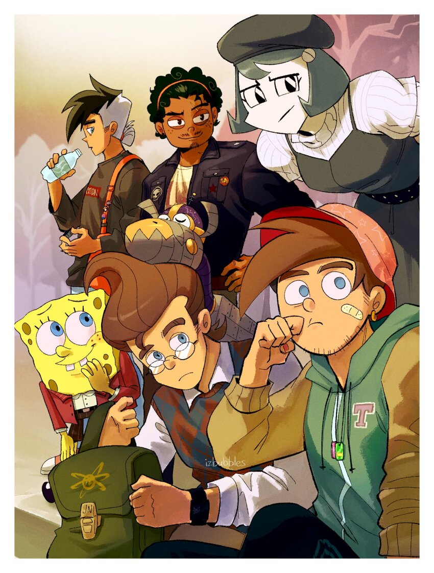 1girl 5boys aged_up blue_eyes brown_hair crossover danny_fenton danny_phantom el_tigre fairly_odd_parents glasses goddard_(jimmy_neutron) hat highres jenny_wakeman jimmy_neutron jimmy_neutron_(series) looking_at_viewer manny_rivera multiple_boys my_life_as_a_teenage_robot nickelodeon nicktoons_unite! paramount_pictures spongebob_squarepants spongebob_squarepants_(series) the_fairly_oddparents timmy_turner