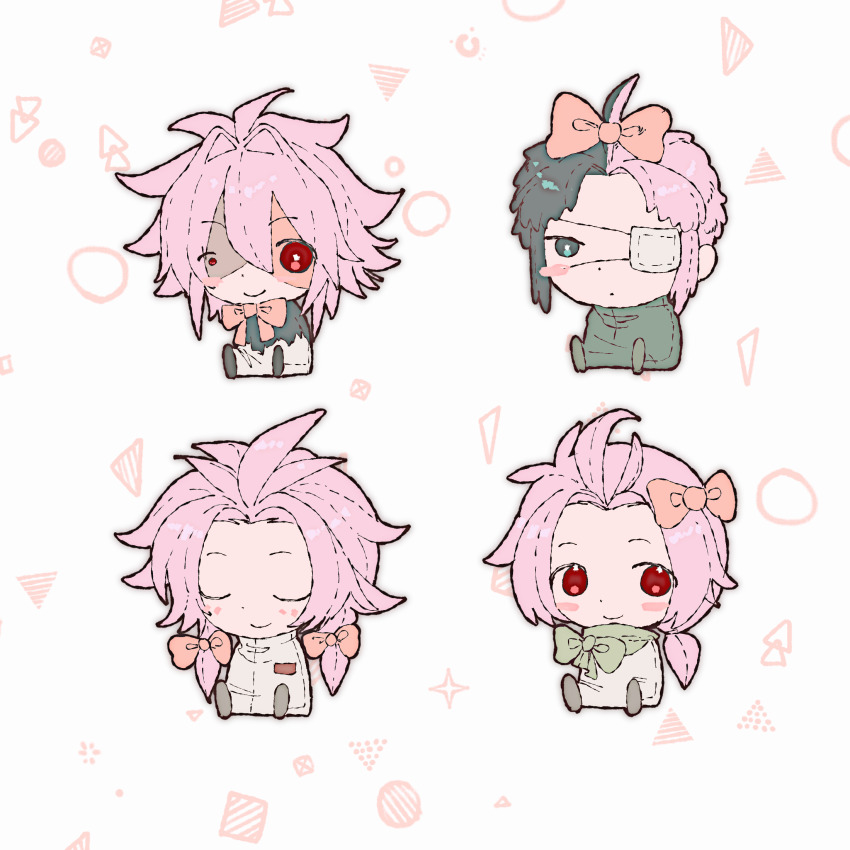 4boys abstract_background ahoge black_capelet black_eyes black_hair blush_stickers bow bowtie bright_pupils capelet chibi chibi_only chinese_commentary closed_eyes closed_mouth commentary_request dita_iliner eyepatch green_jacket green_scarf hair_bow hair_intakes hatsutori_hajime highres jacket male_focus medical_eyepatch multicolored_hair multiple_boys mutsushika_misumi naokotoysk nijou_ryuu no_sclera pink_hair red_bow red_bowtie red_eyes saibou_shinkyoku scarf scarf_bow shirt smile split-color_hair torn_capelet torn_clothes twintails two-tone_hair u_u uneven_eyes white_background white_jacket white_pupils white_shirt