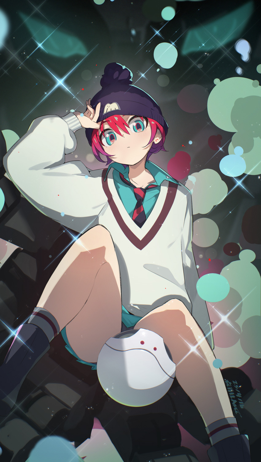 1girl absurdres amate_yuzuriha aqua_eyes aqua_shirt aqua_skirt arm_up beanie bike_shorts black_shorts closed_mouth commentary_request gquuuuuux grey_socks gundam gundam_gquuuuuux hair_between_eyes haro hat highres knees_up long_sleeves looking_at_viewer necktie puffy_long_sleeves puffy_sleeves red_hair red_necktie shirt short_hair shorts skirt socks sparkle striped_necktie yakousei_a