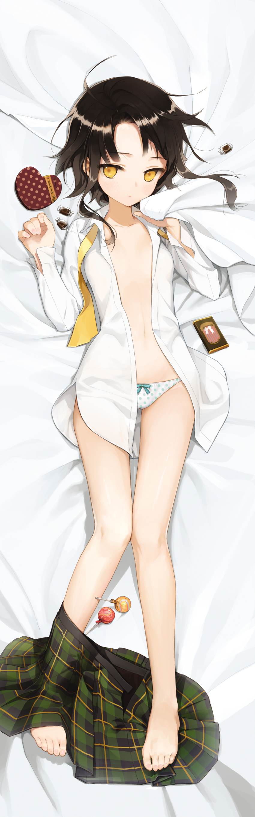 1girl absurdres arms_up barefoot bed bed_sheet black_hair blush bow bow_panties candy chocolate chocolate_heart closed_mouth clothes_pull collarbone dakimakura_(medium) dress_shirt eyebrows feet female_focus fingernails flat_chest food from_above full_body green_skirt groin heart highres holding legs legs_together lollipop long_image looking_at_viewer lying midriff mole mole_under_eye navel nearly_naked_shirt necktie on_back on_bed open_clothes open_shirt panties parted_bangs plaid_clothes plaid_skirt pleated_skirt polka_dot polka_dot_panties ribbon salt_(salty) scan sheet_grab shirt short_hair short_hair_with_long_locks sita_vilosa skirt skirt_around_one_leg skirt_pull solo sword_girls tall_image thigh_gap thighs toes underwear valentine white_panties white_shirt yellow_eyes
