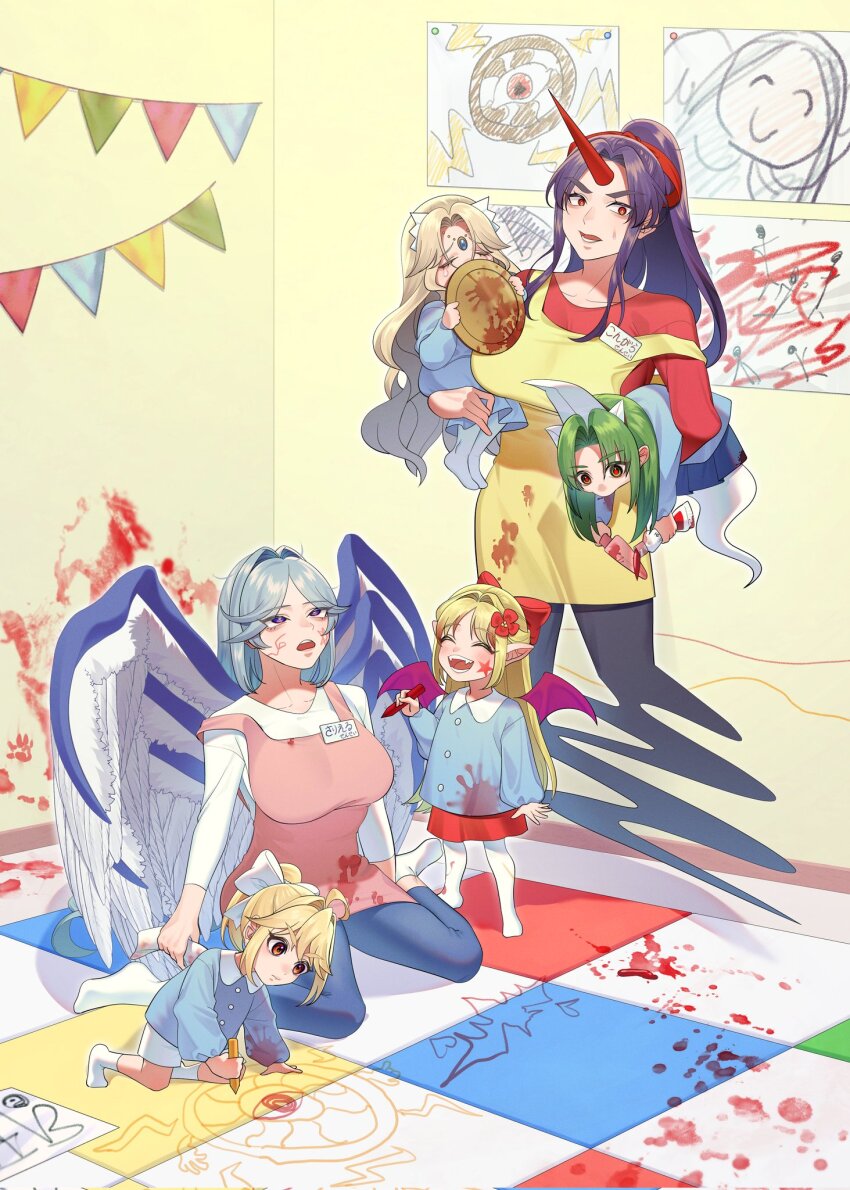 6+girls absurdly_long_hair aged_down angel_wings apron bat_wings black_hair blonde_hair blue_eyes blue_hair bow breasts child child&#039;s_drawing closed_eyes corrupted_twitter_file crayon elis_(touhou) facial_mark feathered_wings flower ghost_hair_ornament ghost_tail green_hair guumin hair_bow hair_flower hair_ornament hat highly_responsive_to_prayers highres horns kikuri_(touhou) kindergarten kindergarten_teacher kindergarten_uniform konngara_(touhou) long_hair long_sleeves mima_(touhou) multiple_girls multiple_wings name_tag open_mouth paint_splatter pantyhose pink_apron pointy_ears ponytail red_eyes sariel_(touhou) seraph shirt short_hair single_horn skirt smile star_(symbol) star_facial_mark touhou touhou_(pc-98) very_long_hair wings yellow_apron yuugenmagan