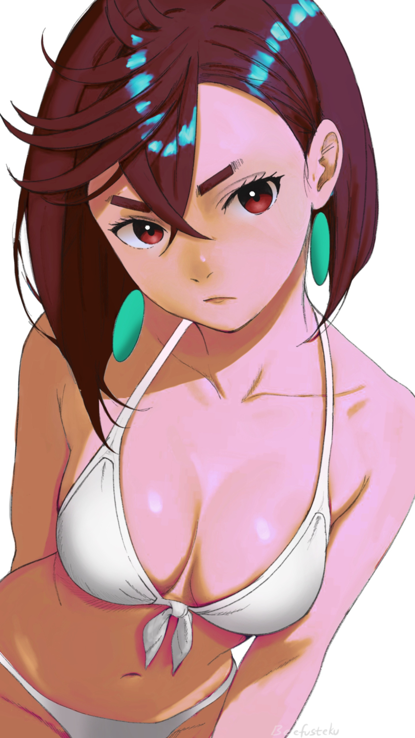 1girl absurdres arm_behind_back ayase_momo bare_shoulders beefusteku bikini breasts brown_eyes brown_hair cleavage commentary dandadan earrings english_commentary hair_between_eyes highres jewelry looking_at_viewer medium_breasts medium_hair pendant_earring simple_background solo swimsuit white_background white_bikini