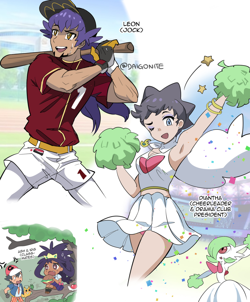 2boys 2girls ;d aged_down ash_ketchum baseball_bat belt black_headwear character_name cheerleader chibi commentary_request confetti dark-skinned_female dark-skinned_male dark_skin diantha_(pokemon) earrings english_text eyelashes eyeshadow gardevoir gen_3_pokemon gloves goro_orb hat highres holding holding_baseball_bat holding_pom_poms iris_(pokemon) jewelry lance_(pokemon) leggings long_hair looking_at_viewer makeup mega_gardevoir mega_pokemon multiple_boys multiple_girls nintendo one_eye_closed open_mouth panties pink_panties pleated_skirt pokemon pokemon_(anime) pokemon_journeys pom_pom_(cheerleading) pom_poms purple_hair red_shirt shirt short_hair shorts skirt sleeveless sleeveless_shirt smile stadium star_(symbol) tree twitter_username underwear watermark white_leggings white_shirt white_shorts white_skirt
