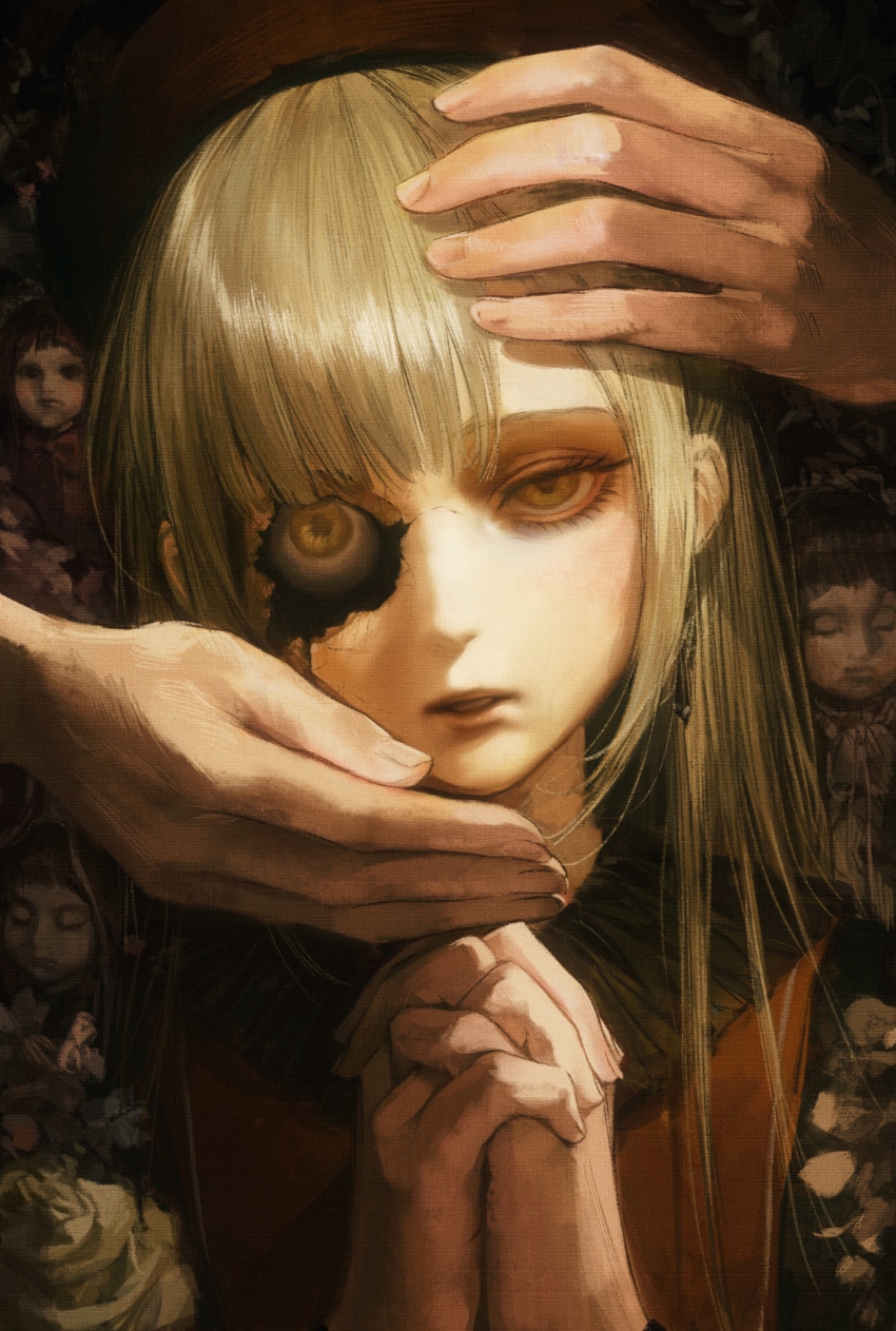 1girl 2others absurdres bang_dream! bang_dream!_it&#039;s_mygo!!!!! beret chinese_commentary commentary_request cracked_skin eyeball green_hair hat highres interlocked_fingers long_hair looking_at_viewer mortis_(bang_dream!) mortis_(costume)_(bang_dream!) multiple_others own_hands_together parted_lips red_hat seapall wakaba_mutsumi yellow_eyes