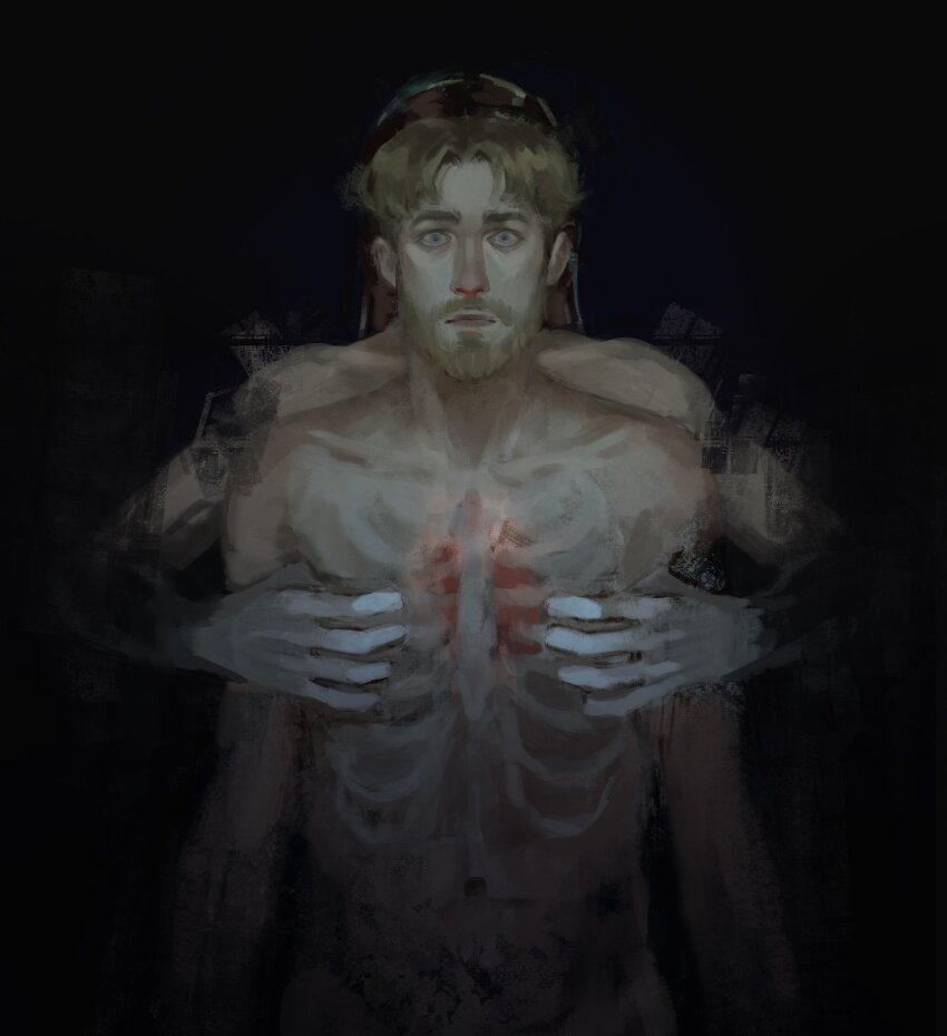 2boys beard behind_another black_background blonde_facial_hair blonde_hair blue_eyes brown_hair copyright_request eren_yeager facial_hair fine_art_parody fusssker heart highres male_focus multiple_boys navel nose nude parody parted_bangs ribs russian_commentary see-through_skin shingeki_no_kyojin short_hair upper_body very_short_hair zeke_yeager