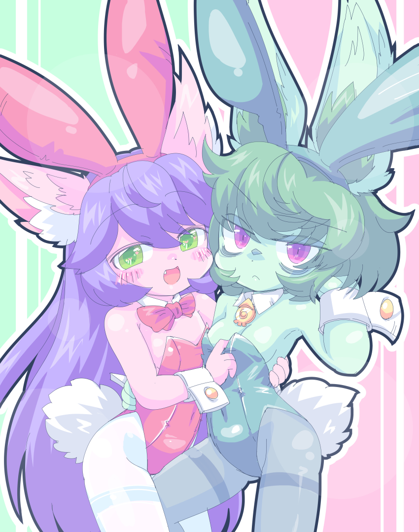 2girls alternate_costume animal_ears annoyed arm_around_waist asymmetrical_docking bags_under_eyes bare_shoulders bow bowtie breast_press breasts collar colored_skin detached_collar dot_nose eyebrows fake_animal_ears fake_tail fang feet_out_of_frame female_focus flat_chest green_background green_eyes green_leotard green_skin grey_pantyhose hand_on_another&#039;s_waist kayo!!_(gotoran) league_of_legends leotard long_hair looking_at_viewer lulu_(league_of_legends) multiple_girls naughty_face open_mouth pantyhose pink_background pink_skin playboy_bunny purple_eyes purple_hair rabbit_ears rabbit_tail red_bow red_bowtie red_leotard short_hair shortstack simple_background small_breasts smile standing strapless strapless_leotard tail two-tone_background vex_(league_of_legends) white_collar white_pantyhose wrist_cuffs yordle
