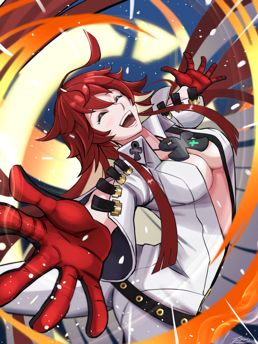 1girl absurdres ankh_necklace ass ball_and_chain_restraint belt bodysuit breasts cleavage_cutout closed_eyes clothing_cutout spiked_halo gloves guilty_gear guilty_gear_strive halo highres jack-o&#039;_valentine large_breasts long_hair nankou_(koutanan) open_mouth red_gloves red_hair solo studded_belt very_long_hair white_bodysuit