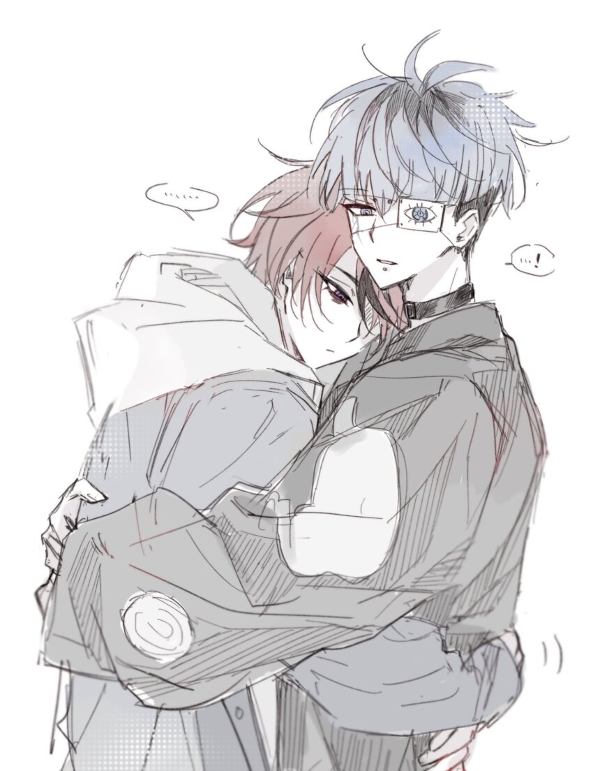 2boys black_hair blue_eyes bridge_piercing closed_mouth collar eyepatch face_piercing frown highres hood hoodie hug japanese_clothes lip_piercing long_sleeves looking_at_viewer male_focus messy_hair multicolored_hair multiple_boys omokage_yugamu one_eye_covered open_mouth piercing purple_eyes red_hair simple_background streaked_hair sumino_takumi the_hundred_line_-last_defense_academy- upper_body white_background white_hoodie