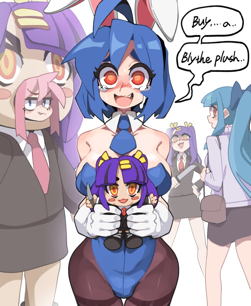 4girls :d @_@ absurdres ahoge bag black_skirt black_suit blue_bow blue_hair blue_leotard blue_necktie blythe_(hcnone) bongfill borrowed_character bow breasts collared_shirt commentary crying crying_with_eyes_open detached_collar endless_monday:_dreams_and_deadlines english_commentary english_text formal_clothes gloves grin hair_bow hana_(hcnone) handbag highres holding large_breasts leotard looking_at_viewer mascot_costume multiple_girls necktie open_mouth orange_eyes pantyhose pencil_skirt penny_(hcnone) pink_hair playboy_bunny ponytail purple_hair red_eyes red_necktie shirt short_necktie simple_background skirt skye_(hcnone) smile solo_focus speech_bubble strapless strapless_leotard stuffed_toy suit sweater tears twintails white_background white_gloves white_sweater