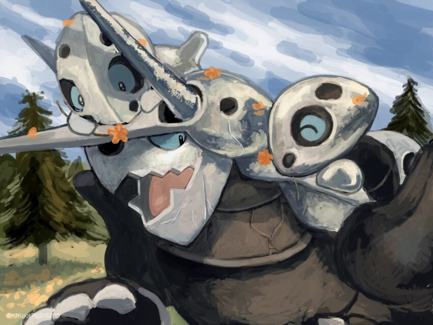 aggron aqua_sclera aron black_eyes closed_eyes colored_sclera flower game_freak gen_3_pokemon highres horns kfkgot7ig2r5265 metal_skin nintendo no_humans on_head open_mouth orange_flower pokemon pokemon_(creature) pokemon_on_back pokemon_on_head signature tree