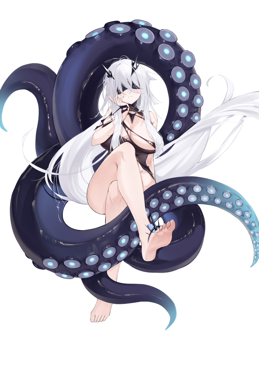 1girl absurdres azur_lane barefoot black_blindfold black_dress blindfold breasts closed_mouth crossed_legs dress fancy_(azur_lane) hand_on_own_cheek hand_on_own_face highres horns large_breasts lieend long_hair simple_background sitting solo tentacles toes white_background