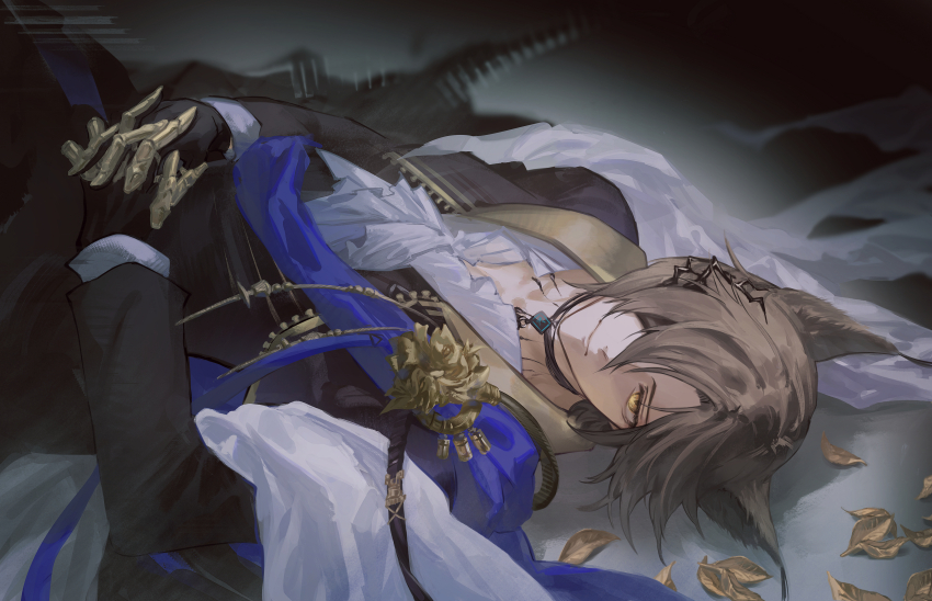 1boy absurdres animal_ears arknights black_gloves black_jacket brown_hair cat_ears closed_mouth gloves hair_over_one_eye highres jacket jewelry leaf long_sleeves looking_at_viewer lying male_focus myluche necklace on_back one_eye_covered own_hands_clasped own_hands_together phantom_(arknights) shirt short_hair solo tragodia_(arknights) white_shirt yellow_eyes