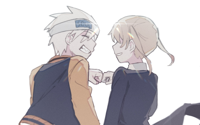 1boy 1girl black_coat black_jacket blonde_hair chinese_commentary closed_eyes coat commentary_request film_grain fist_bump grey_headband grin headband highres jacket long_sleeves maka_albarn orange_sleeves rice_(somasuki_77) sharp_teeth short_hair simple_background smile soul_eater soul_evans teeth twintails white_background white_hair