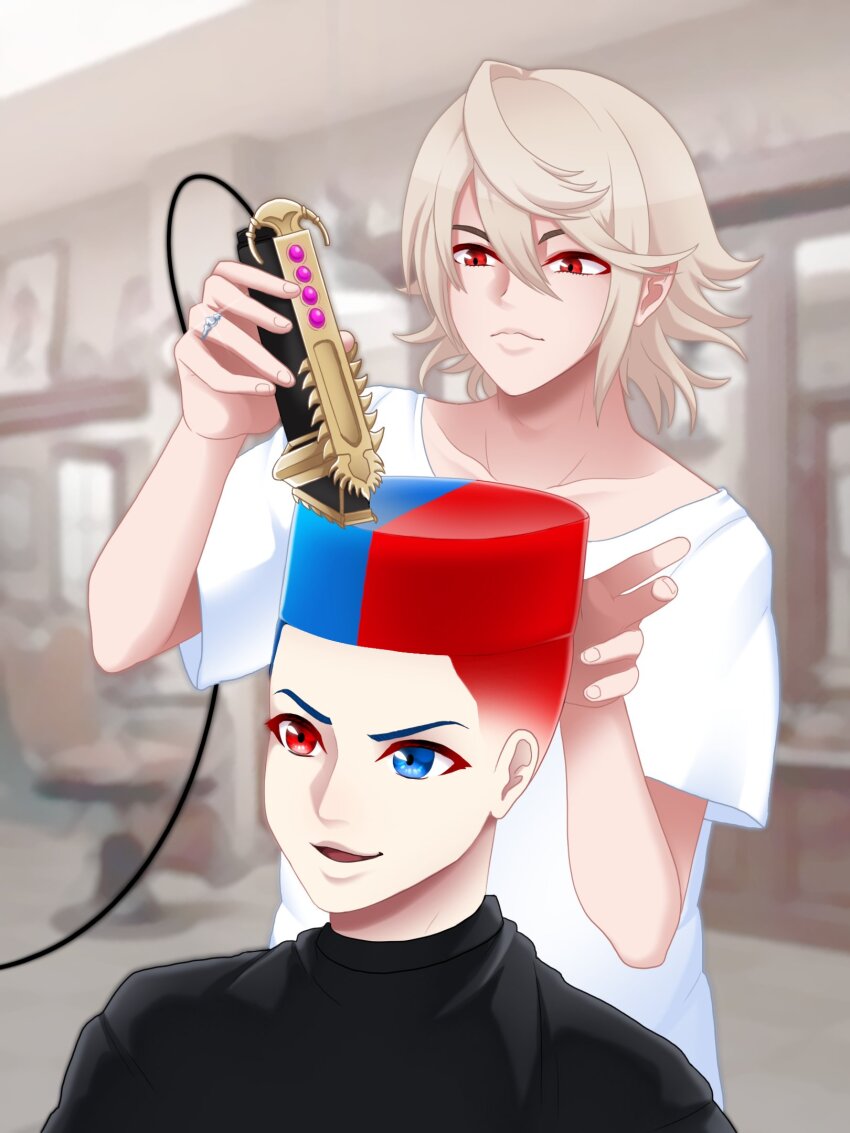 2boys adapted_weapon alear_(fire_emblem) alear_(male)_(fire_emblem) barber_cape blue_eyes blue_hair choso_giving_toudou_a_haircut_(meme) commentary corrin_(fire_emblem) corrin_(male)_(fire_emblem) cutting_hair electric_razor english_commentary fade_(haircut) fire_emblem fire_emblem_engage fire_emblem_fates flattop hair_between_eyes hair_clipper highres indoors jewelry lips meme multicolored_hair multiple_boys nintendo razor red_eyes red_hair ring seityr shirt short_hair smile split-color_hair t-shirt white_shirt yato_(fire_emblem)