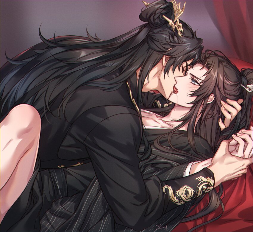 2boys black_hair black_hanfu black_sash blue_eyes braid chinese_clothes chinese_hairpin chu_wanning closed_eyes dragon_print erha_he_tadebai_mao_shizun french_kiss hair_bun hair_ornament hairpin hand_on_another&#039;s_head hanfu high_ponytail highres holding_another&#039;s_wrist kiss korean_commentary long_hair long_sleeves looking_at_another lying mo_ran multiple_boys no_pants on_back open_clothes open_mouth ponytail saliva saliva_trail sash taxian-jun tongue upper_body wide_sleeves yaoi zehel_az
