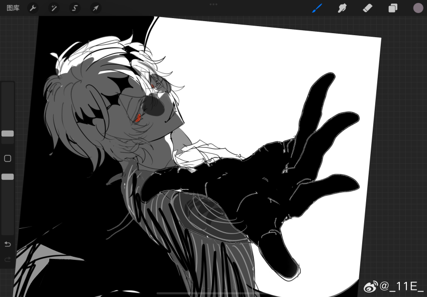 11e 1boy art_program_in_frame artist_name black_background diamond_hairband gloves greyscale grin highres looking_at_viewer looking_back male_focus monochrome offering_hand outstretched_arm pinstripe_pattern procreate_(medium) procreate_(software) reaching reaching_towards_viewer red_eyes round_eyewear short_hair simple_background sketch skully_j._graves smile solo sunglasses turning_head twisted_wonderland two-tone_background very_short_hair watermark weibo_watermark white_background