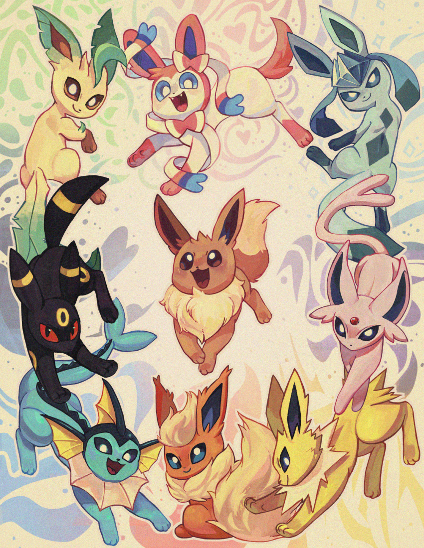 animal_focus black_eyes blue_eyes bright_pupils brown_eyes closed_mouth commentary eevee english_commentary espeon flareon gen_1_pokemon gen_2_pokemon gen_4_pokemon gen_6_pokemon glaceon highres jolteon leafeon nintendo no_humans open_mouth pokemon pokemon_(creature) purple_eyes smile starridge sylveon umbreon vaporeon white_pupils