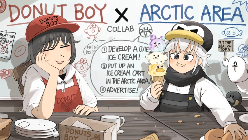 2girls absurdres animal-themed_food bird black_hair black_overalls black_scarf closed_eyes commentary diva_(hyxpk) donut donut_stamp doughnut_seller_(diva) duck eating english_commentary food grey_hair hat highres holding holding_sign hood hood_down hoodie ice_cream king_penguin multiple_girls overalls penguin penguin_hat penguin_keeper_(diva) red_hat red_overalls scarf seal_puppet shirt short_hair sign slice_of_life white_hoodie white_shirt zoo zookeeper zookeepers_(diva)