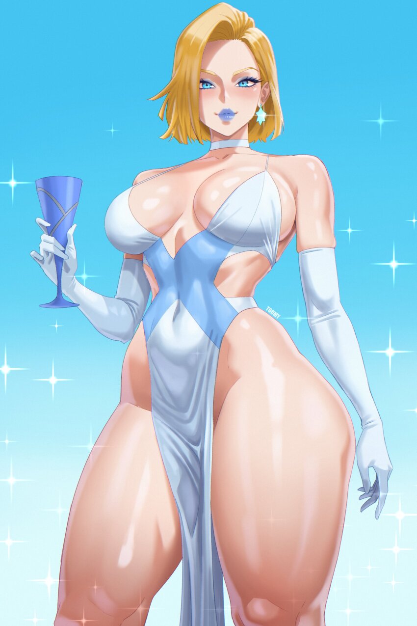 1girl absurdres alternate_costume armpit_crease artist_name bare_legs bare_shoulders blonde_hair blue_background blue_eyes blue_eyeshadow blue_lips blush breasts breasts_apart choker closed_mouth clothing_cutout collarbone commentary covered_navel cup curtained_hair dress earrings elbow_gloves emma_frost english_commentary eyeshadow gloves gradient_background highres holding holding_cup jewelry knee_up large_breasts lipstick looking_at_viewer low_neckline makeup marvel marvel_rivals no_panties pelvic_curtain revealing_clothes short_hair side_cutout simple_background skindentation sleeveless sleeveless_dress smile solo spaghetti_strap standing taut_clothes taut_dress thick_eyelashes thick_thighs thighs tight_clothes tight_dress toomy_woomy white_choker white_dress white_gloves wide_hips x-men