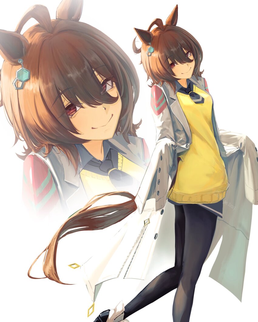 1girl agnes_tachyon_(tach-nology)_(umamusume) agnes_tachyon_(umamusume) animal_ears black_pantyhose blue_necktie blue_shirt blush brown_hair closed_mouth commentary hair_between_eyes highres horse_ears horse_girl horse_tail lab_coat looking_at_viewer necktie o_ko_ge2024 pantyhose red_eyes shirt shirt_under_sweater shoes short_hair sleeves_past_fingers sleeves_past_wrists smile solo sweater symbol-only_commentary tail umamusume white_shoes yellow_sweater zoom_layer