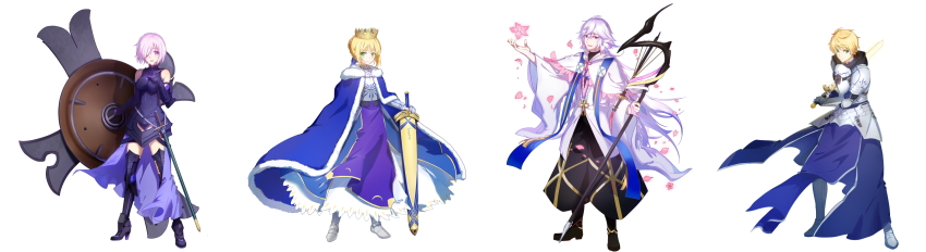 2boys 2girls absurdres ahoge arm_up armor armored_boots armored_dress arthur_pendragon_(fate) artoria_pendragon_(fate) avalon_(fate) black_footwear black_hood black_pants black_shirt blonde_hair blue_cloak blue_dress blue_stole boobplate boots braid breastplate breasts cloak closed_mouth crown dress excalibur_(fate/prototype) excalibur_(fate/stay_night) fate/grand_order fate_(series) faulds flower full_body fur-trimmed_cloak fur_trim gauntlets green_eyes grey_hair hair_between_eyes hair_ornament hair_over_one_eye hair_ribbon hand_on_own_chest high_heel_boots high_heels highres holding holding_shield holding_staff holding_sword holding_weapon hood hood_down long_hair long_sleeves looking_at_viewer lord_camelot_(fate) mash_kyrielight mash_kyrielight_(demi-servant) medium_breasts merlin_(fate) multiple_boys multiple_girls one_eye_covered pants pauldrons petals pink_flower pink_hair puffy_pants purple_eyes ribbon robe saber_(fate) sheath sheathed shield shirt short_hair shoulder_armor simple_background smile staff stole sword very_long_hair weapon white_background white_robe wide_sleeves xuehua