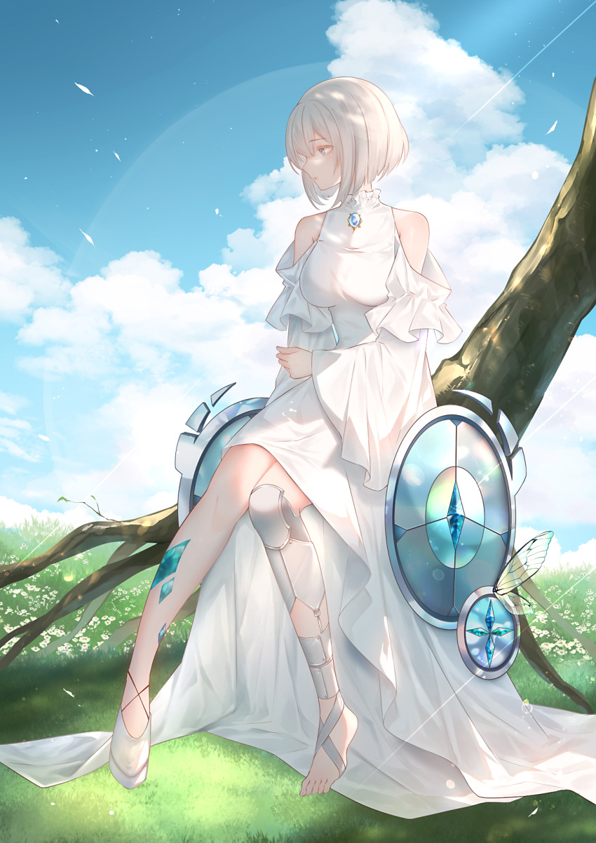 1girl bare_shoulders blue_sky bob_cut brown_eyes closed_mouth cloud commentary_request cumulonimbus_cloud day dress full_body grass grey_hair haruhitooo highres long_sleeves looking_to_the_side original outdoors shield short_hair single_bare_foot sitting sky solo white_dress wide_sleeves