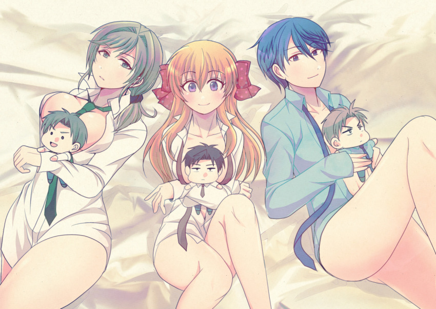 3girls black_hair blonde_hair blue_hair bottomless bow breasts brown_hair character_doll cleavage doll flat_chest gekkan_shoujo_nozaki-kun green_eyes hair_bow hori_masayuki kaneko_(mikenett) kashima_yuu long_hair multiple_girls necktie nozaki_umetarou orange_hair polka_dot polka_dot_bow purple_eyes sakura_chiyo school_uniform seo_yuzuki short_hair wakamatsu_hirotaka