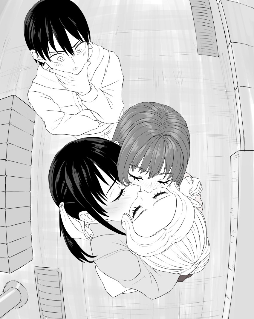 1boy 3girls :o absurdres blush closed_eyes closed_mouth commentary english_commentary from_above greyscale hand_on_own_chin highres hug kanojo_mo_kanojo kiryuu_shino kiss looking_at_another luizhtx minase_nagisa monochrome mukai_naoya multiple_girls saki_saki_(kanojo_mo_kanojo) standing stroking_own_chin yuri