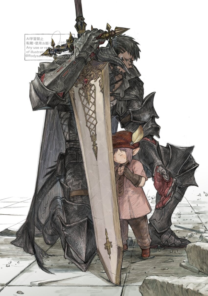1boy 1girl armor au_ra black_hair brown_hair brown_pants cape couter dragon_horns final_fantasy final_fantasy_xiv full_body gauntlets greatsword greaves hat hat_feather highres horns huge_weapon lalafell natsu_(rodysanp) on_one_knee pants pauldrons pavement pink_shirt poleyn red_hat sabaton scales shirt short_hair shoulder_armor sword tataru_taru vambraces warrior_of_light_(ff14) weapon white_background