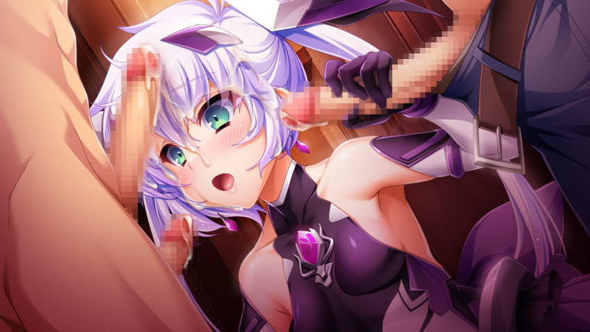 1girl 3boys after_fellatio armpits belt belt_buckle black_gloves blush breasts brown_belt buckle censored clothed_female_nude_male collarbone cum cum_on_body cum_on_clothes cum_on_hair detached_sleeves dutch_angle earrings elbow_gloves exs-tia_luna facial floating_hair game_cg gangbang gloved_handjob gloves green_eyes group_sex hair_between_eyes hair_ornament handjob hetero imminent_fellatio indoors jewelry kamitsurugi_ouka kouyoku_senki_exs-tia_concert large_variant_set leotard long_hair magical_girl mosaic_censoring multiple_boys non-web_source nude official_art open_mouth pants penis purple_gloves shiny_clothes sleeveless small_breasts solo_focus sugahara_touka twintails variant_set very_long_hair white_hair