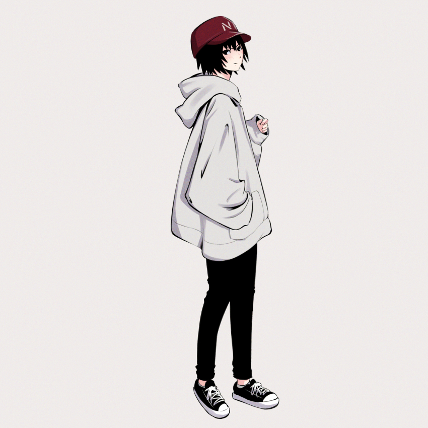 1girl amagami ankle_socks baseball_cap black_eyes black_hair black_pants black_shoes blush clothes_writing commentary curled_fingers from_side full_body hand_in_pocket hand_up hat highres hood hood_down hoodie initial long_sleeves looking_at_viewer looking_to_the_side nanasaki_ai oshizu pants red_hat shoes short_hair simple_background sleeves_past_wrists socks solo standing tomboy v-shaped_eyebrows white_background white_hoodie white_socks white_trim