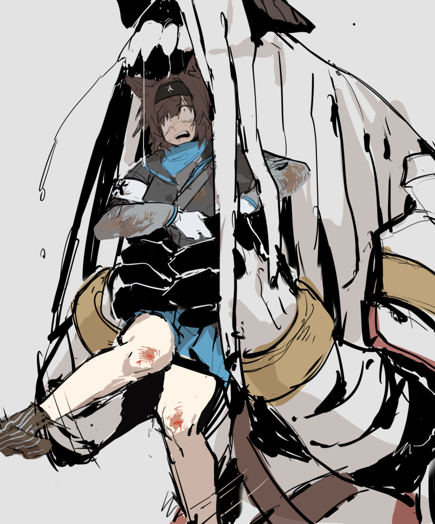 1boy 1girl animal_ears arknights arm_wrap black_hairband black_jacket black_skin blue_skirt brown_hair brown_socks colored_skin commentary_request constricted_pupils dirty dirty_clothes flailing fox_ears fox_girl frown furrowed_brow gloves hairband highres horns horrified imminent_vore jacket layered_sleeves lifting_person long_sleeves looking_up miniskirt monster_boy motion_lines mutomorokoshi no_shoes open_mouth peril rhodes_island_medic_(arknights) saliva saliva_on_head saliva_trail sarkaz_wither_devourer scraped_knee sharp_teeth short_hair short_over_long_sleeves short_sleeves simple_background size_difference skirt socks struggling teeth upper_body white_background white_gloves wide-eyed