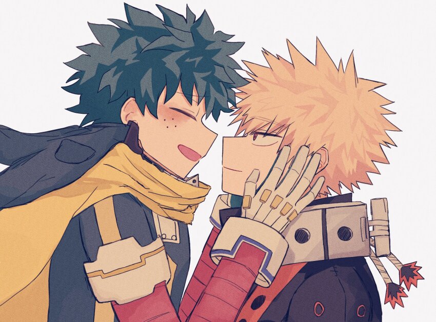 2boys bakugou_katsuki blonde_hair blush boku_no_hero_academia closed_eyes closed_mouth freckles gloves green_hair hand_on_another&#039;s_face highres hood hood_down ice_0377 long_sleeves looking_at_another male_focus midoriya_izuku multiple_boys open_mouth profile red_eyes scarf simple_background smile superhero_costume upper_body white_background white_gloves yaoi yellow_scarf