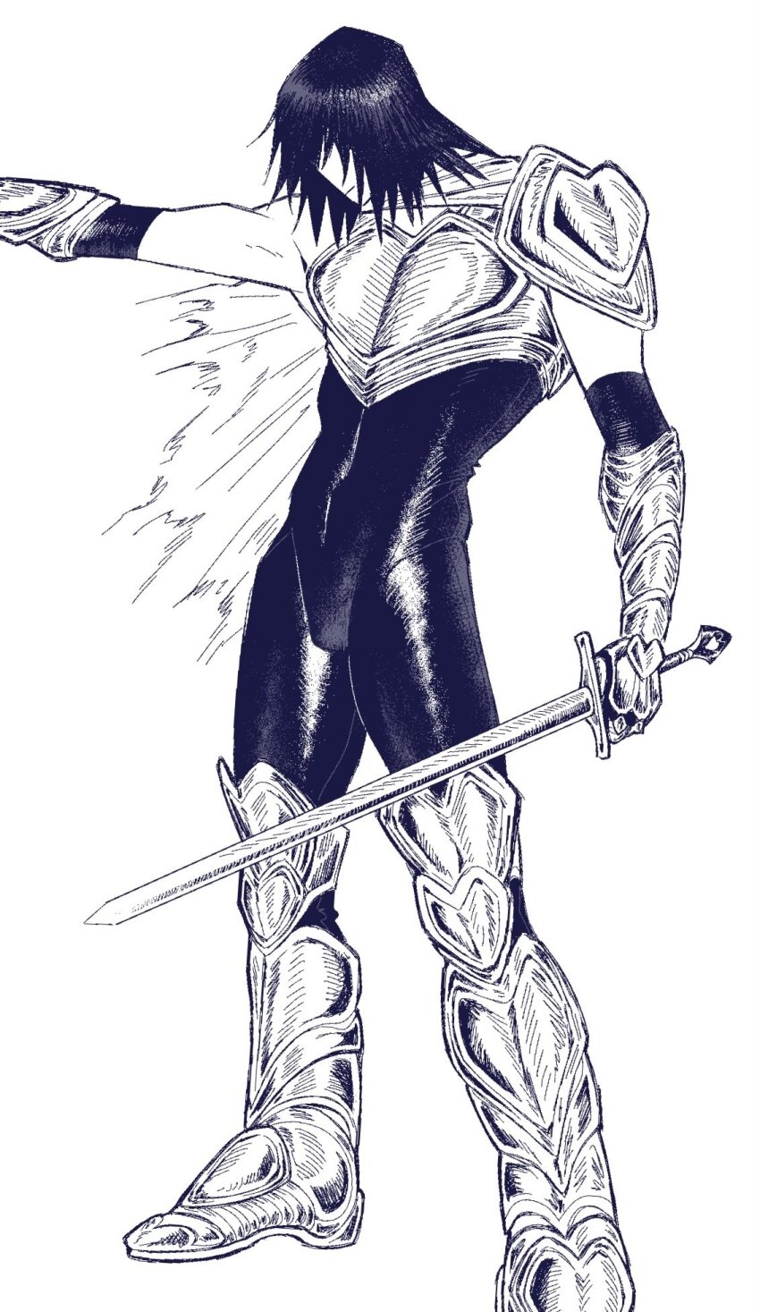 1other armor black_hair cape dante_(rottendevilman) deltarune highres holding kris_(dark_world)_(deltarune) kris_(deltarune) other_focus shiny_clothes simple_background skin_tight standing sword weapon