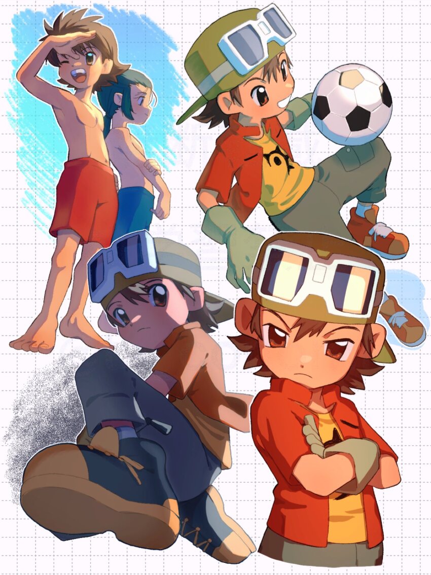 2boys ball blue_swim_trunks brown_eyes brown_hair cowboy_shot digimon digimon_frontier full_body goggles goggles_on_head green_hat hat highres jacket kanbara_takuya male_swimwear minamoto_kouji multiple_boys red_jacket red_shorts red_swim_trunks shirt short_hair shorts soccer_ball solo_focus swim_trunks takeda_conomi topless_male yellow_shirt