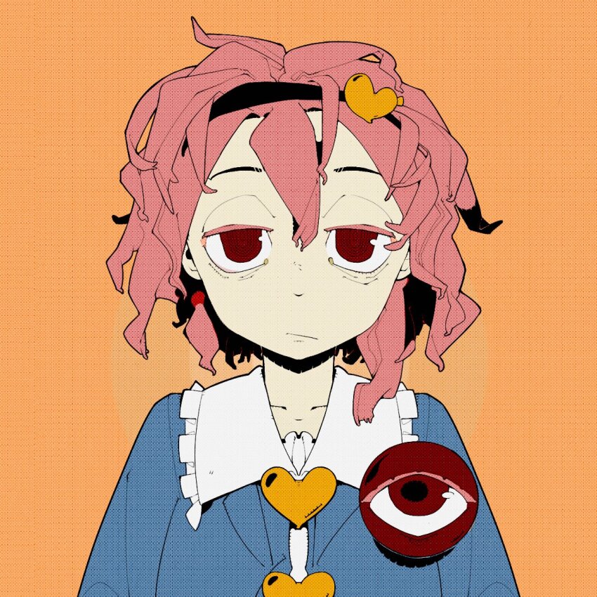 1girl bags_under_eyes blue_shirt bolos buttons frilled_shirt_collar frills hair_ornament heart heart_button heart_hair_ornament highres komeiji_satori messy_hair orange_background pink_hair red_eyes shirt solo third_eye touhou upper_body
