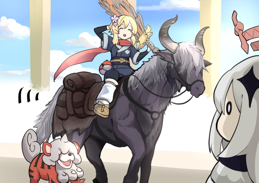0_0 ^_^ akari_(pokemon) akari_(pokemon)_(cosplay) arm_up blonde_hair bridle closed_eyes commentary_request cosplay creatures_(company) crossover elden_ring flower game_freak genshin_impact greyscale hair_between_eyes hair_flower hair_ornament halo hand_up hatoboshi hisuian_growlithe holding holding_sword holding_weapon horns horseback_riding layered_sleeves long_sleeves looking_at_another lumine_(genshin_impact) mechanical_halo monochrome multiple_crossover nintendo open_mouth paimon_(genshin_impact) pokemon pokemon_(creature) pokemon_legends:_arceus reins riding saddle scarf short_hair_with_long_locks short_over_long_sleeves short_sleeves smile sword torrent_(elden_ring) weapon