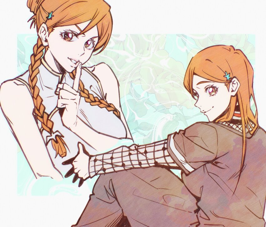 1girl black_dress bleach braid breasts brown_eyes brown_hair china_dress chinese_clothes closed_mouth double_bun dress finger_to_mouth fishnet_sleeves fishnets hair_behind_ear hair_bun hair_ornament highres inoue_orihime looking_at_viewer medium_breasts multiple_views n_(nauki_11) own_hands_together parted_bangs parted_lips smile snowflake_hair_ornament solo twin_braids upper_body