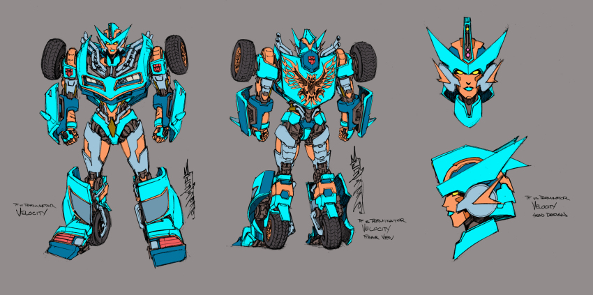 1girl alex_milne autobot blue_lips character_name clenched_hands close-up commentary concept_art copyright_name english_commentary grey_background highres holding mecha multiple_views no_humans official_art pontiac pontiac_firebird production_art robot standing sword terminator_(series) the_terminator transformers transformers_vs._the_terminator velocity_(transformers) weapon yellow_eyes