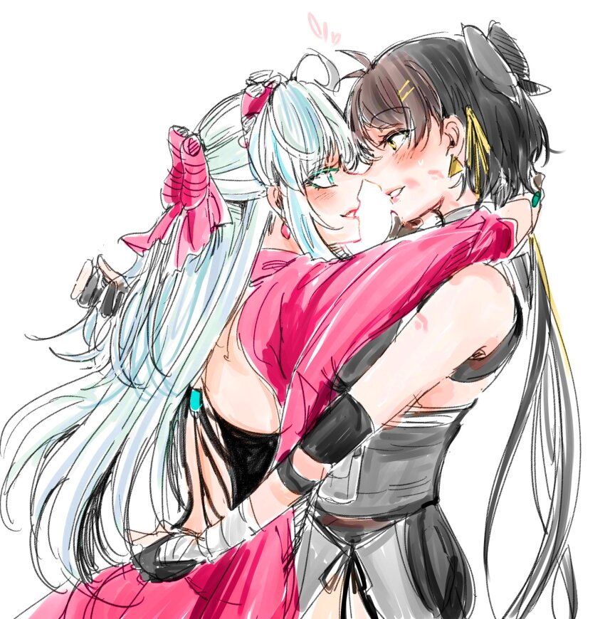 2girls arms_around_neck black_gloves black_hair blue_hair blush bow carlotta_(wuthering_waves) commentary_request dress earrings eye_contact female_rover_(wuthering_waves) from_side gloves hair_bow highres jewelry lipstick_mark lipstick_mark_on_arm lipstick_mark_on_face long_hair looking_at_another multiple_girls noses_touching parted_lips partially_fingerless_gloves pink_bow pink_dress profile rover_(wuthering_waves) smile wuthering_waves yellow_eyes yuri yurikure4