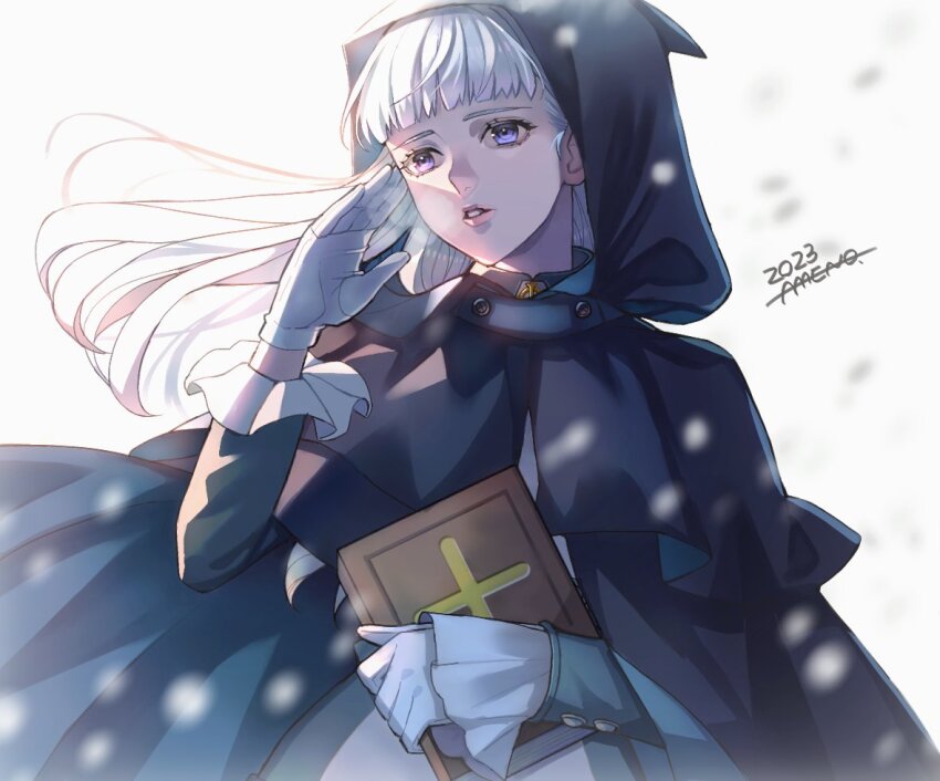 1girl 2023 alice_elliot amenoimo black_hood book cloak dated dress facing_to_the_side gloves hand_up holding holding_book hood hood_up lips long_hair long_sleeves looking_to_the_side parted_lips purple_eyes shadow_hearts solo teeth upper_body white_gloves white_hair wind