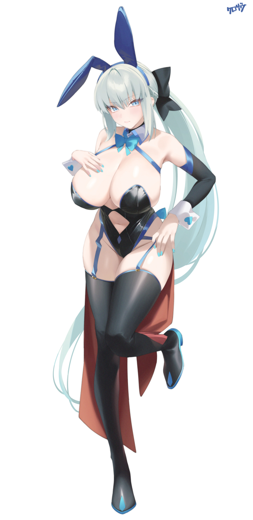 1girl absurdres alternate_costume animal_ears aqua_bow aqua_bowtie aqua_nails bare_shoulders black_boots black_leotard blue_eyes blue_hairband blush boots bow bowtie breasts cleavage closed_mouth clothing_cutout detached_sleeves fake_animal_ears fate/grand_order fate_(series) full_body hair_ornament hairband highres kurozawa_yui large_breasts leotard long_hair long_sleeves looking_at_viewer morgan_le_fay_(fate) nail_polish navel navel_cutout playboy_bunny ponytail rabbit_ears simple_background solo standing thigh_boots thighs white_background