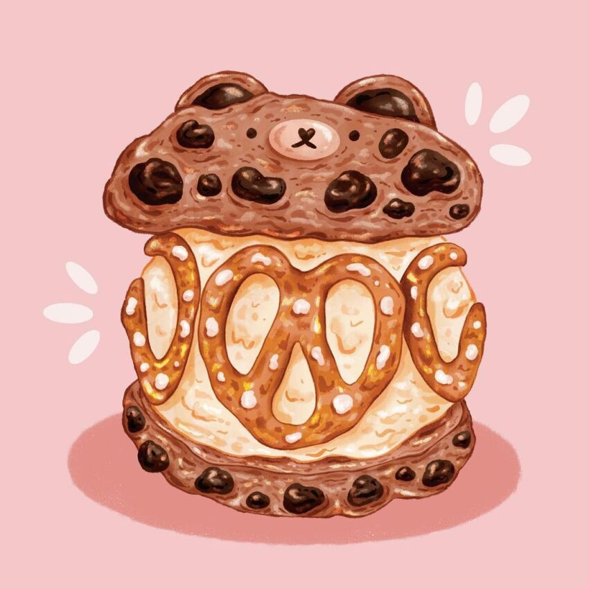 :&lt; abbey_and_bear animal-themed_food bear black_eyes chocolate_chip closed_mouth food food_focus frown ice_cream ice_cream_sandwich no_humans notice_lines original pink_background pretzel salt shadow simple_background solid_circle_eyes