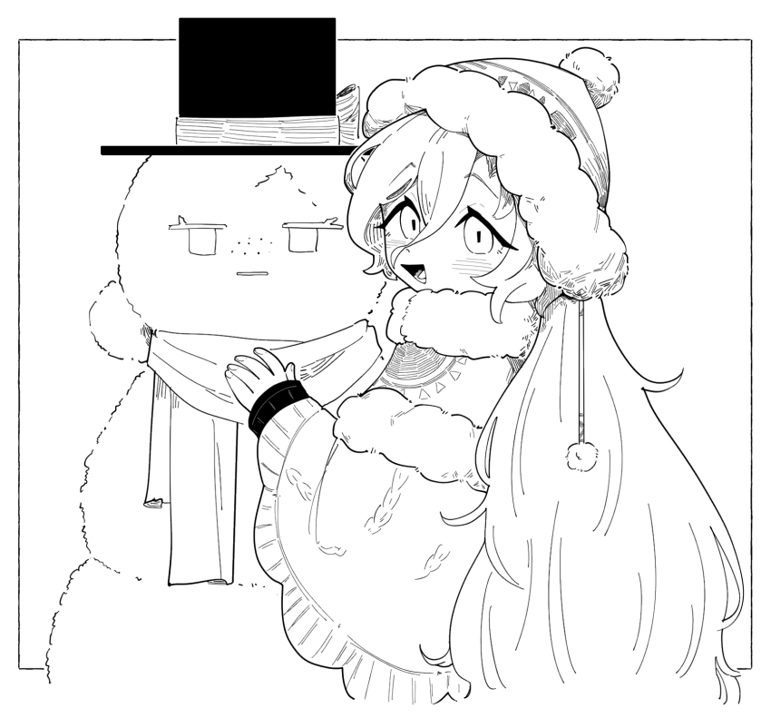 1girl 37_(maidjump_goods_cafe)_(reverse:1999) 37_(reverse:1999) :d beanie character_snowman cloak daku_k fur-trimmed_headwear fur_trim greyscale hair_between_eyes hand_up hat highres inset_border lineart long_hair looking_at_viewer monochrome official_alternate_costume open_mouth outside_border pom_pom_(clothes) pom_pom_beanie reverse:1999 scarf smile snowman solo top_hat upper_body vertin_(reverse:1999) very_long_hair white_background