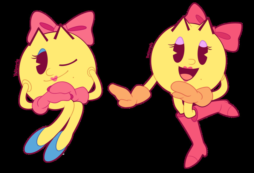 2girls black_eyes blue_footwear boots closed_mouth commentary deviantart_username dual_persona english_commentary gloves hair_ribbon highres lipstick makeup ms._pac-man multiple_girls no_humans one_eye_closed open_mouth orange_gloves pac-man_(game) pac-man_eyes pink_boots pink_gloves pink_ribbon ribbon shoes sitting smile standing standing_on_one_leg transparent_background yatsunote