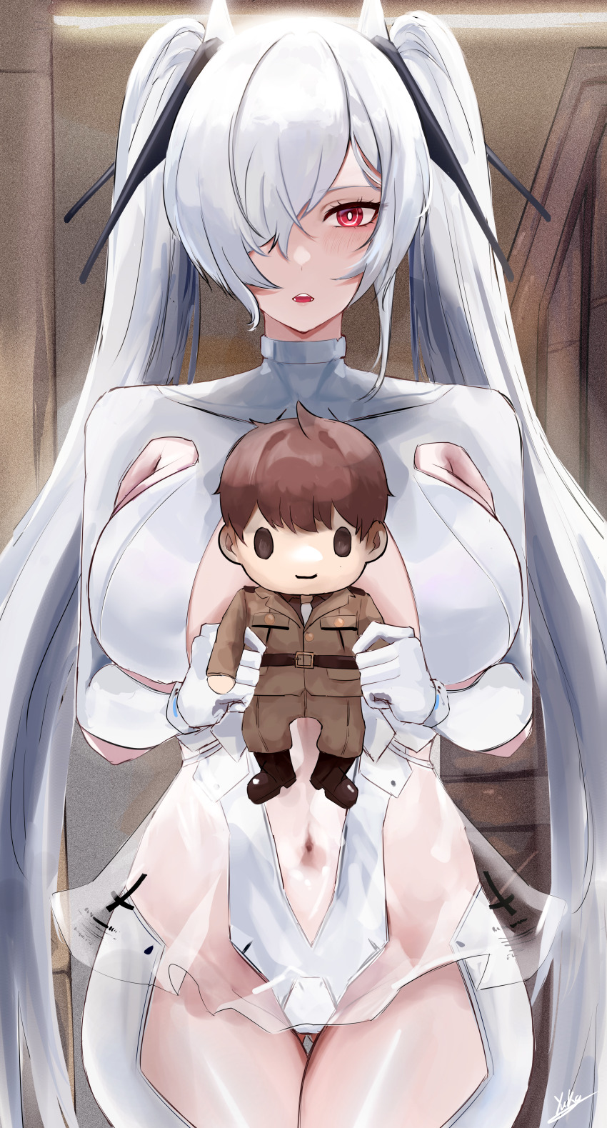 1girl absurdres armpit_cutout blush bodysuit breasts character_doll cinderella_(nikke) cleavage cleavage_cutout clothing_cutout commander_(nikke) doll gloves goddess_of_victory:_nikke hair_over_one_eye highres large_breasts leg_cutout long_hair looking_at_viewer navel navel_cutout one_eye_covered red_eyes see-through_clothes see-through_skirt shiny_eyes skirt solo stomach_cutout twintails very_long_hair white_bodysuit white_hair yuka_1503
